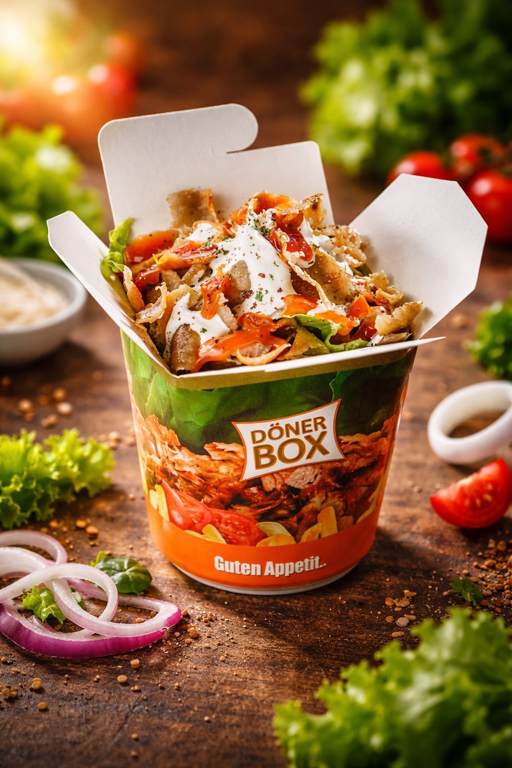 Döner kebab in a branded takeout box topped with white sauce, surrounded by fresh vegetables and onion slices on a rustic surface
